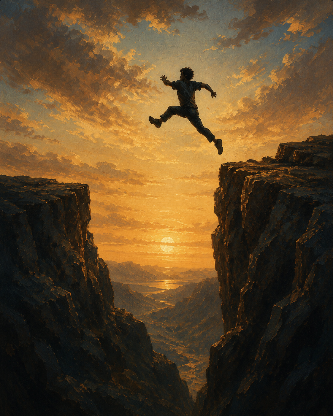A figure taking a brave leap between two cliffs