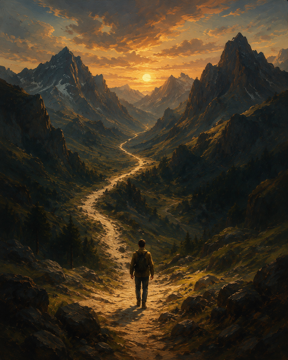 A traveller following a mountain path one choice at a time