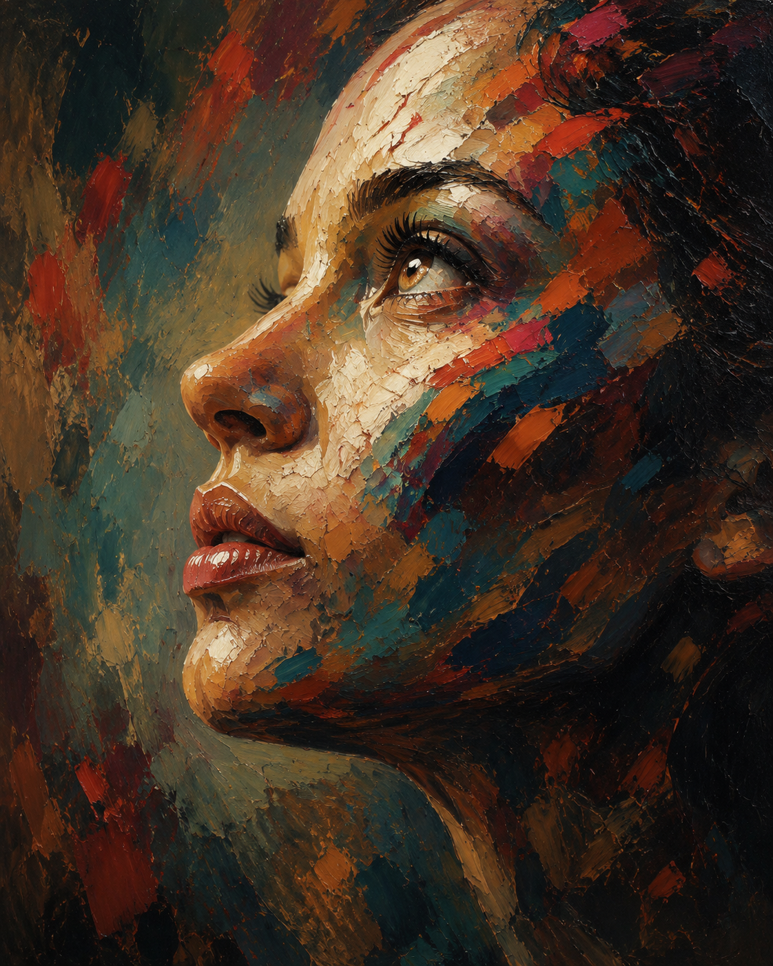 An expressive painted portrait representing creativity and transformation