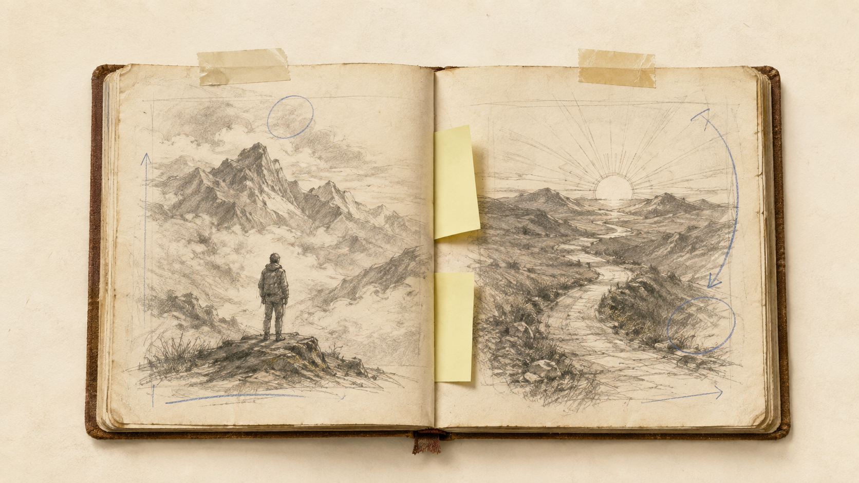 An open private working journal filled with sketches of mountains, a path and a sunrise